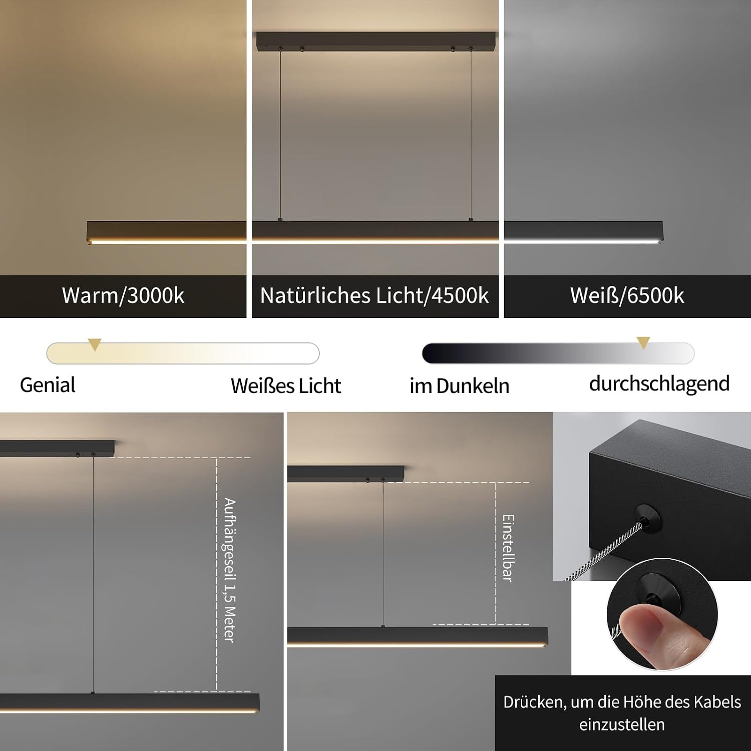 Mikeru Moderne LED Hanglamp 150 cm - Zwart - Dimbare Keukenlamp met Afstandsbediening