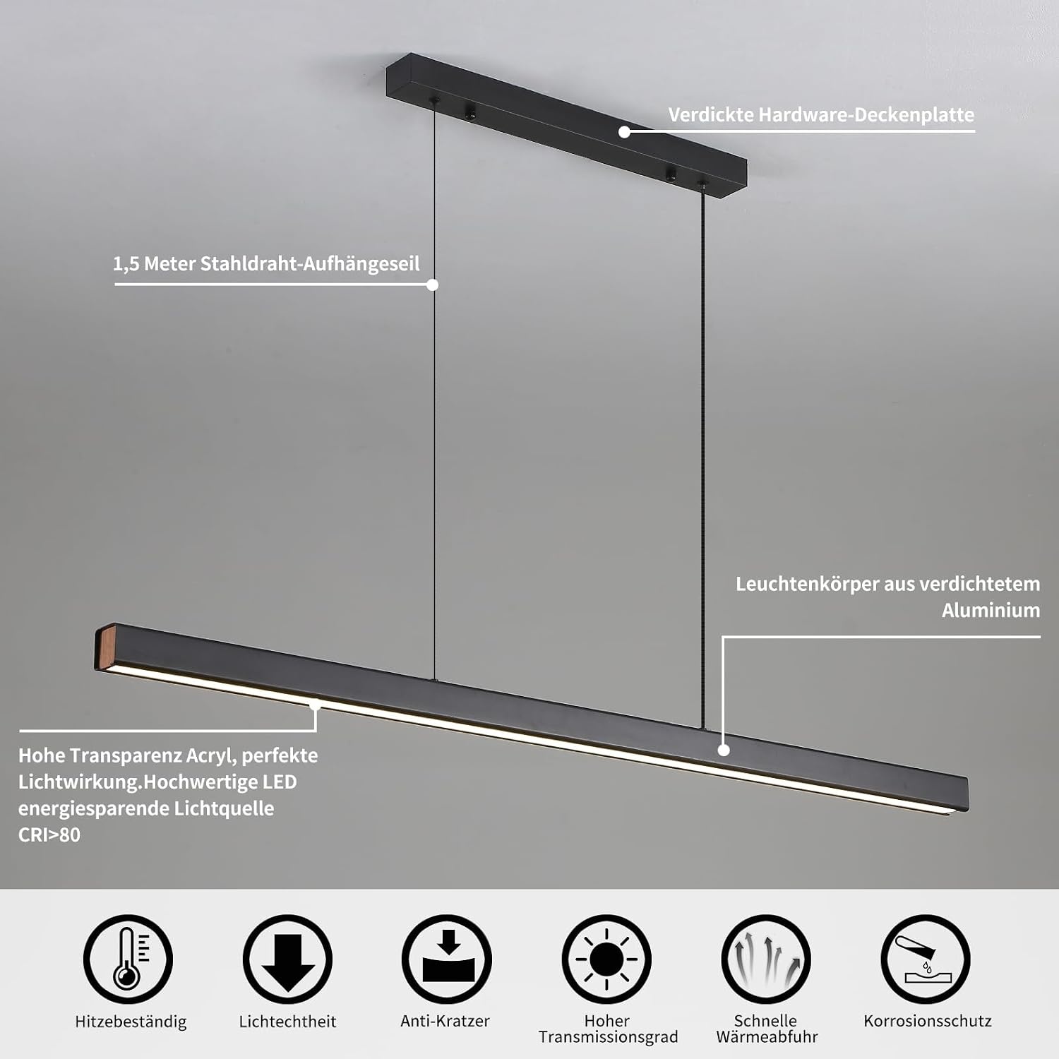 Mikeru Moderne LED Hanglamp 150 cm - Zwart - Dimbare Keukenlamp met Afstandsbediening