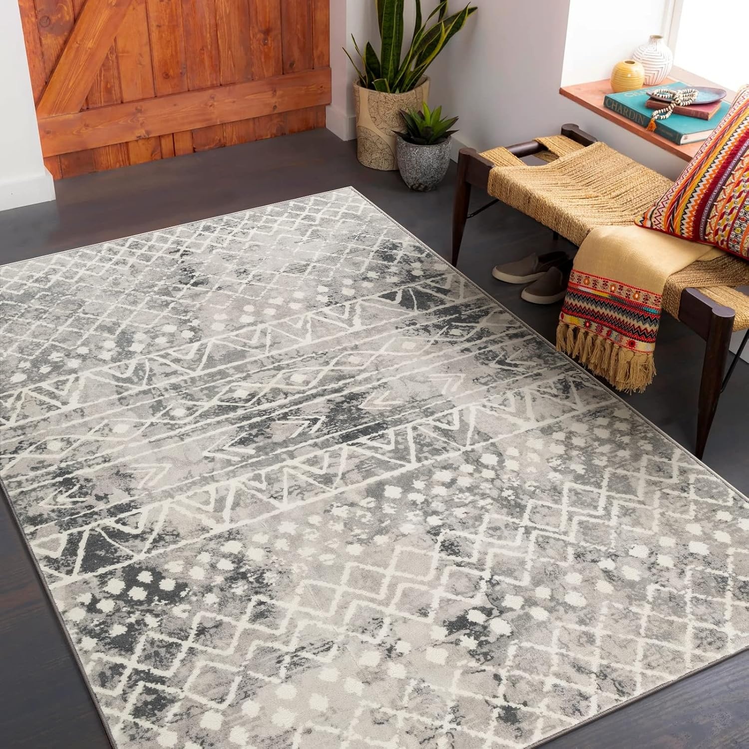 Carvapet Gangloper 90 x 150 cm Antislip Lange loper Keukentapijt Wasbaar Zacht Microvezel Geometrische Tribal Vloermat (Grijs)