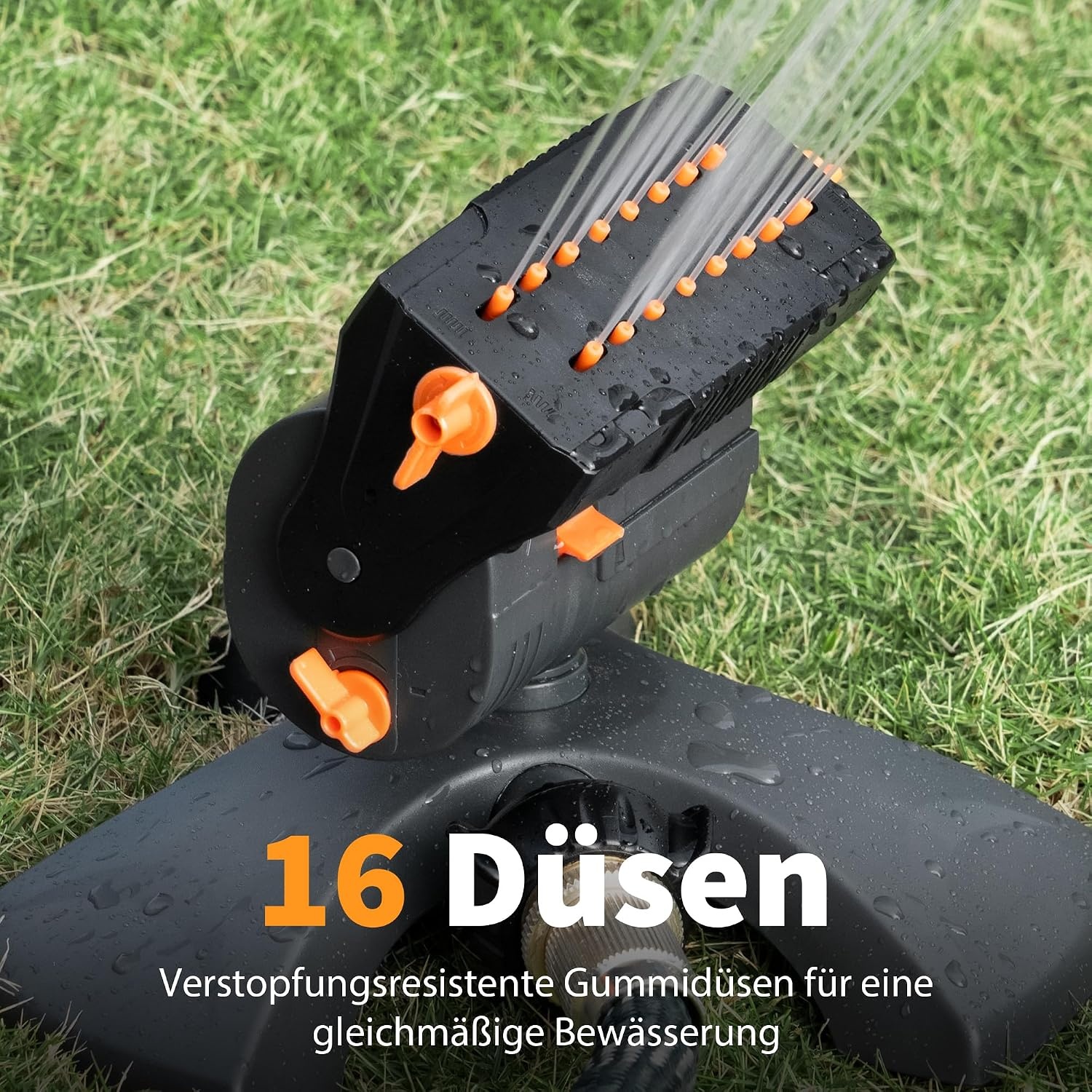 Diivoo Mini Turbo oscillerende gazonsproeier, 16 sproeiers, tuinsproeier met snelaansluiting en grote basis, watersproeier instelbare breedte, bereik en debiet, grijs