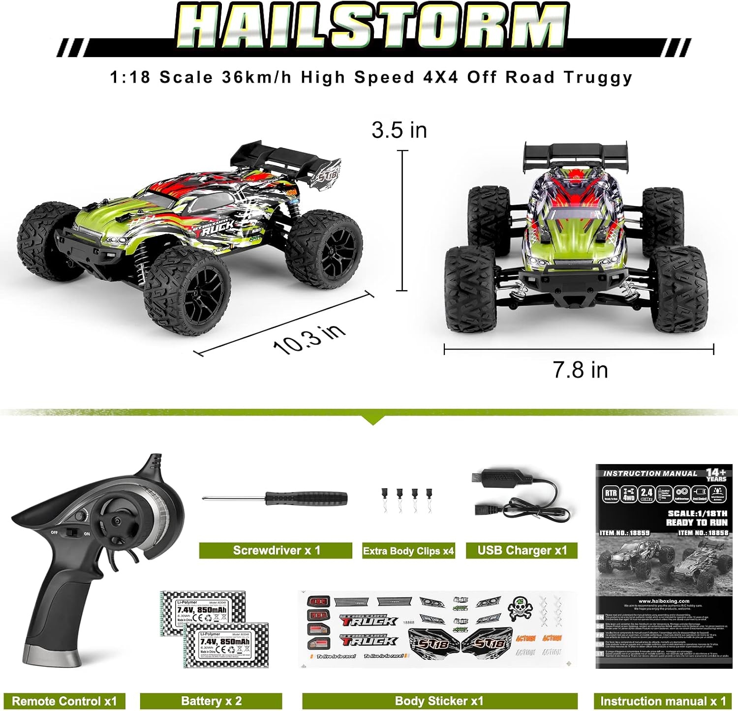 HAIBOXING Op afstand bestuurbare auto, 1/18 RC Car Hailstorm, 4WD All Terrain High Speed Racing Auto 36 kmh, 2,4 GHz RC Truck 4X4 Offroad waterdicht elektrisch aangedreven