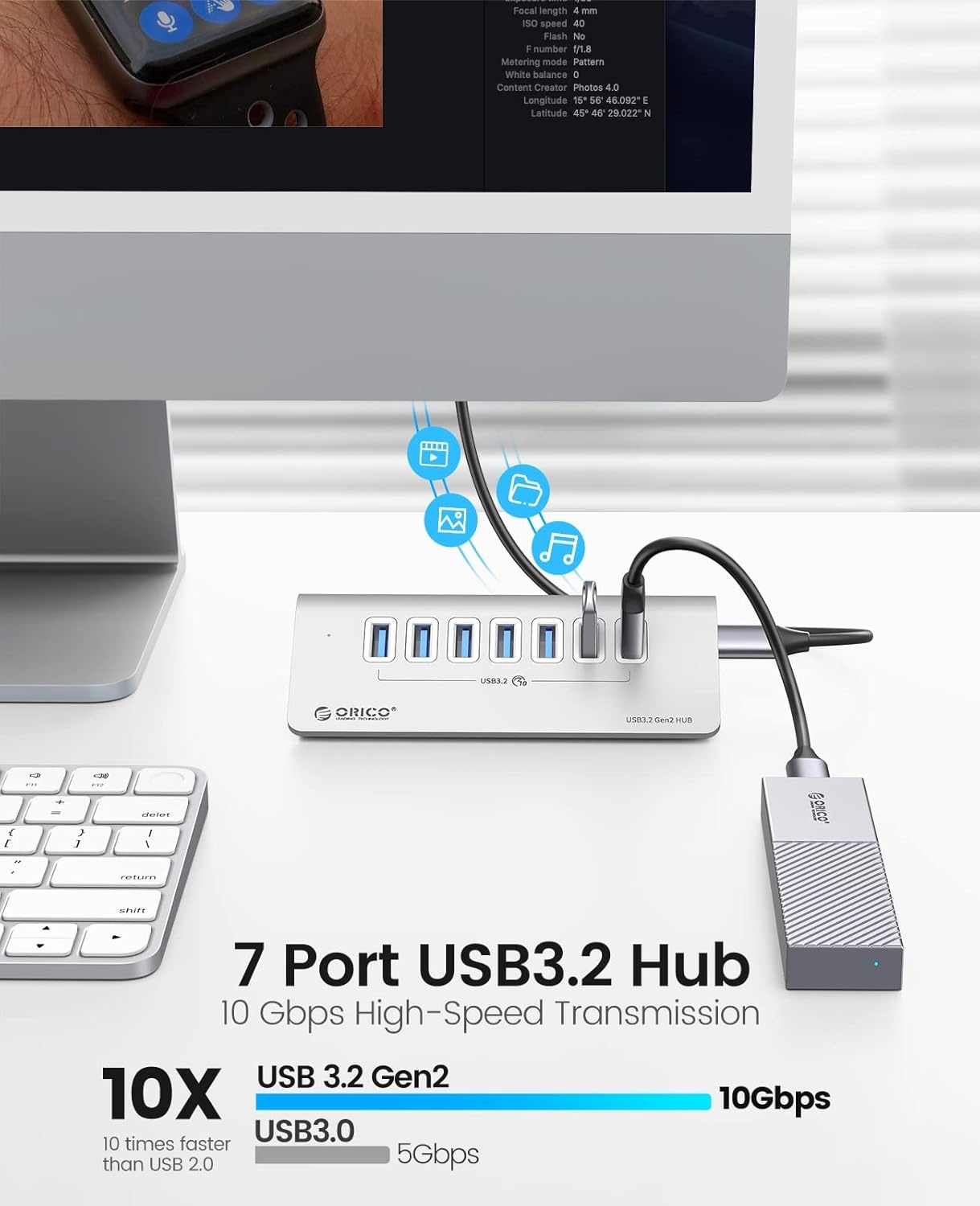 7-in-1 USB Hub 10Gbps - Aluminium - 1m Kabel - 34% Korting