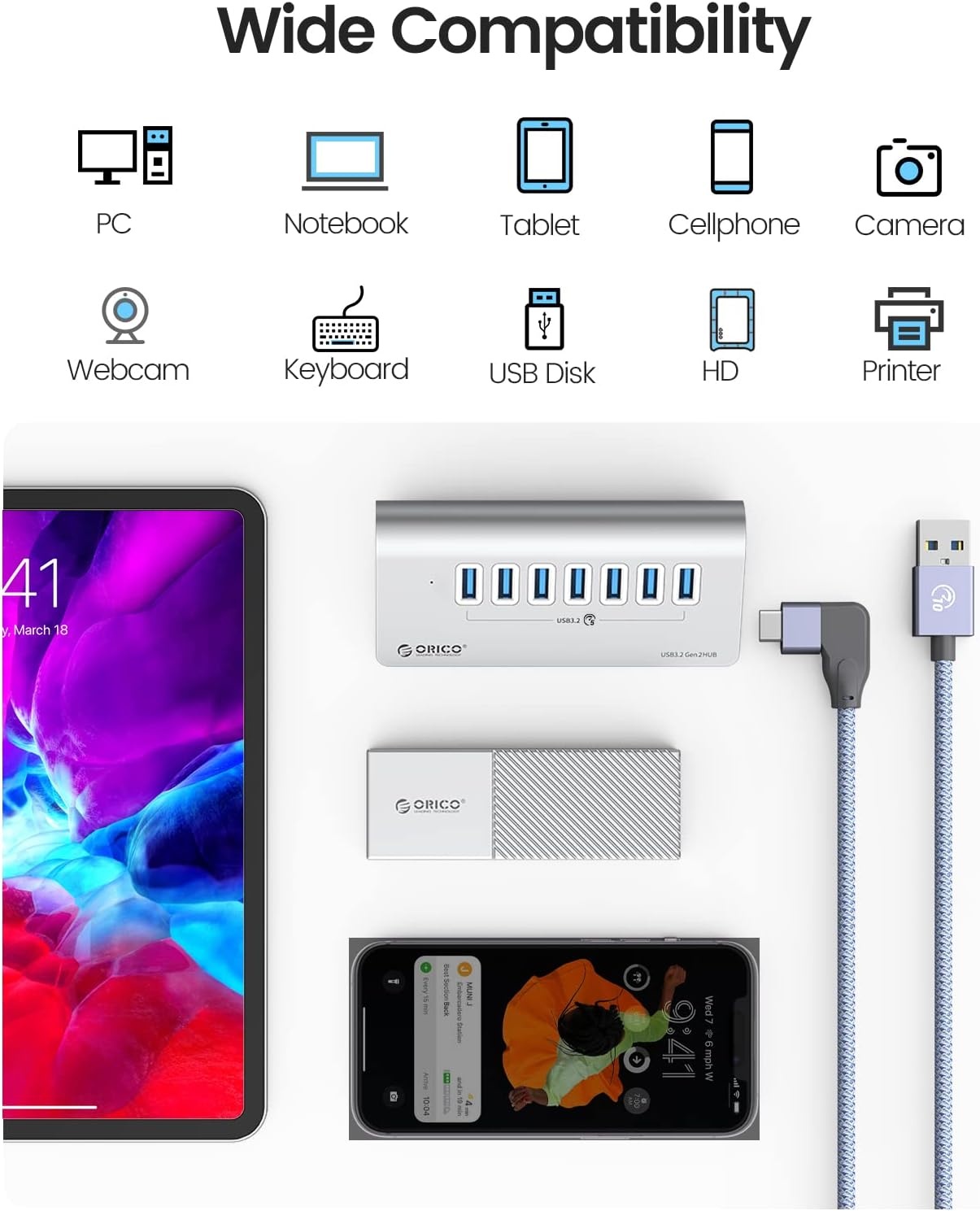 7-in-1 USB Hub 10Gbps - Aluminium - 1m Kabel - 34% Korting