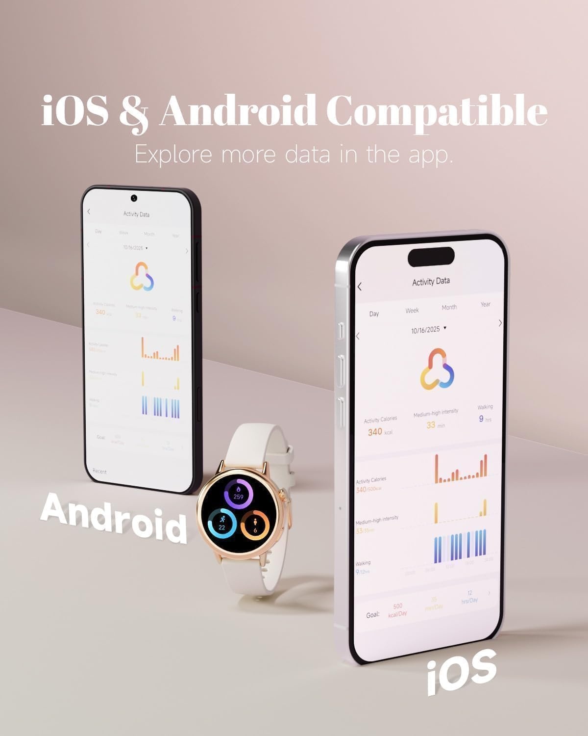 TOOBUR Smartwatch voor Dames - 37mm AMOLED - Fitness Tracker - Beige