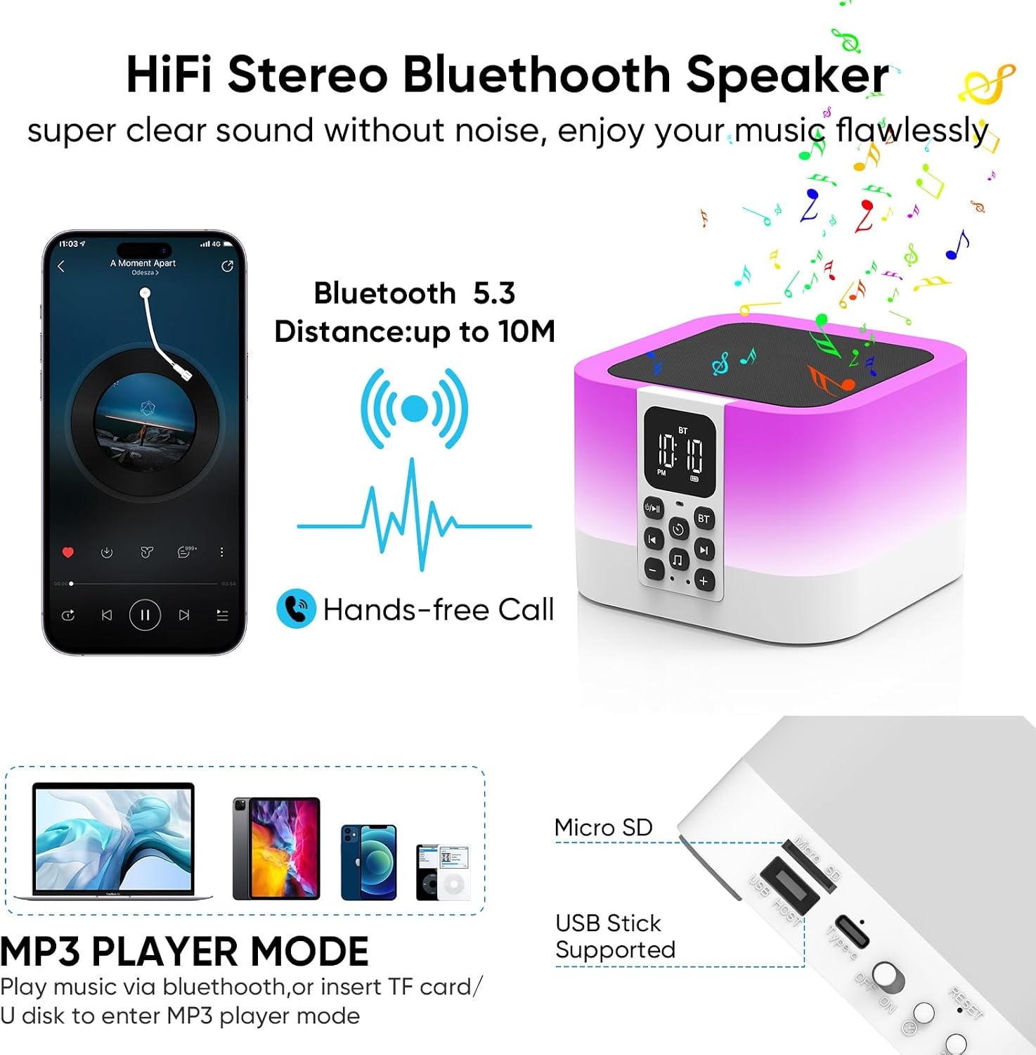 Draagbare Bluetooth Speaker 4-in-1 | Nachtlampje & Wekker met Witte Ruis | 57% Korting