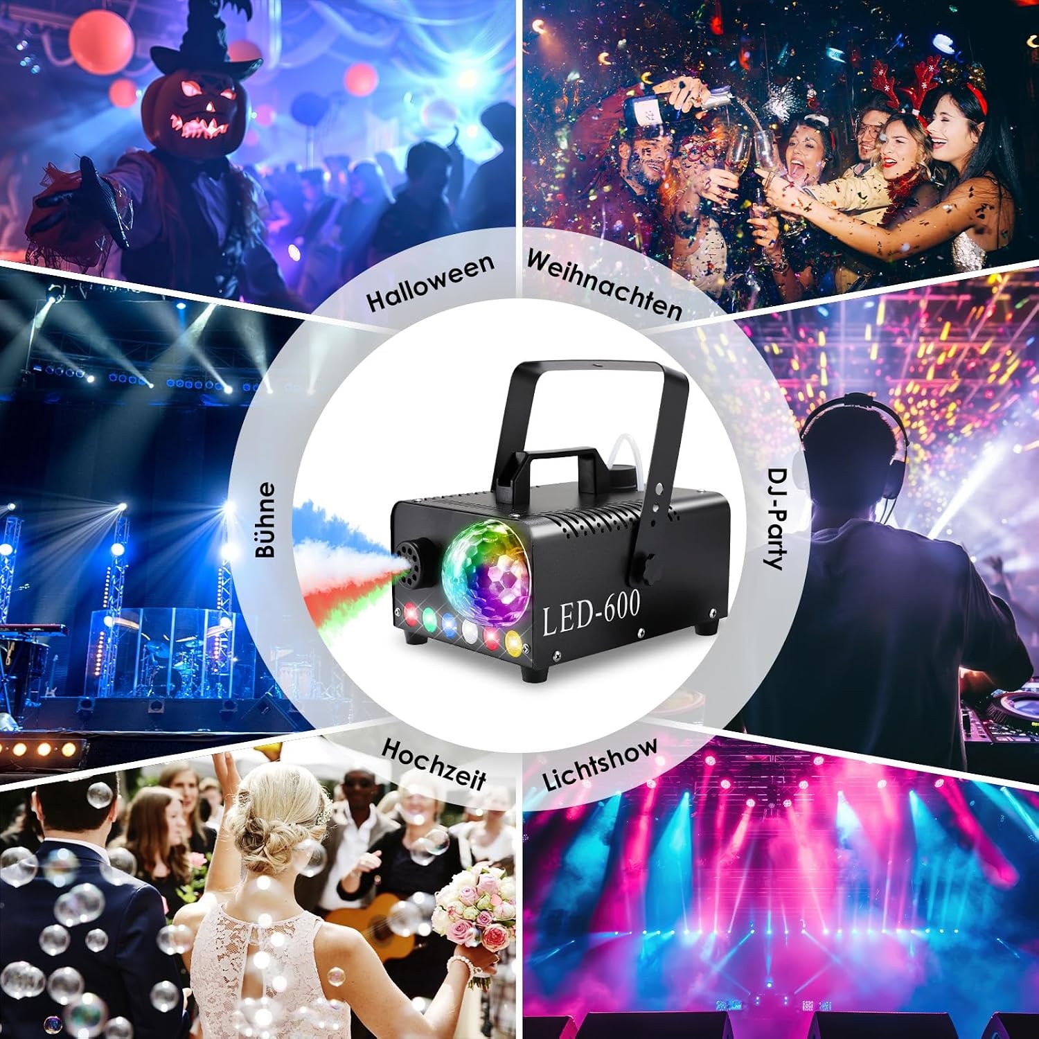 Rookmachine met Discobal & 6 RGB LED's - 600W - 29% Korting