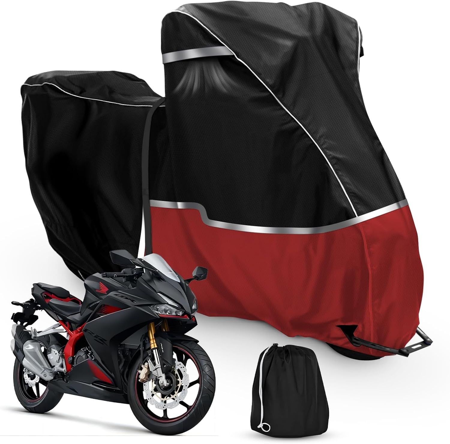 Motorhoes, outdoor, geschikt voor Honda Adventure Model CRF1100L Africa Twin CB500X, 420D Oxford-stof, waterdichte motorhoes, afdekzeil, weerbestendig, motorhoes, zeil, zwart en rood