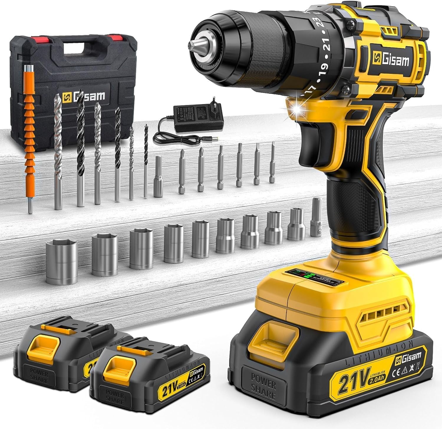 Perceuse visseuse à batterie 21 V, lot de 2 batteries de 2,0 Ah, Max 55 Nm, 23 + 3 réglages de couple, mandrin de 10 mm, 2 vitesses, lumière LED, 24 accessoires, pour réparation, bricolage