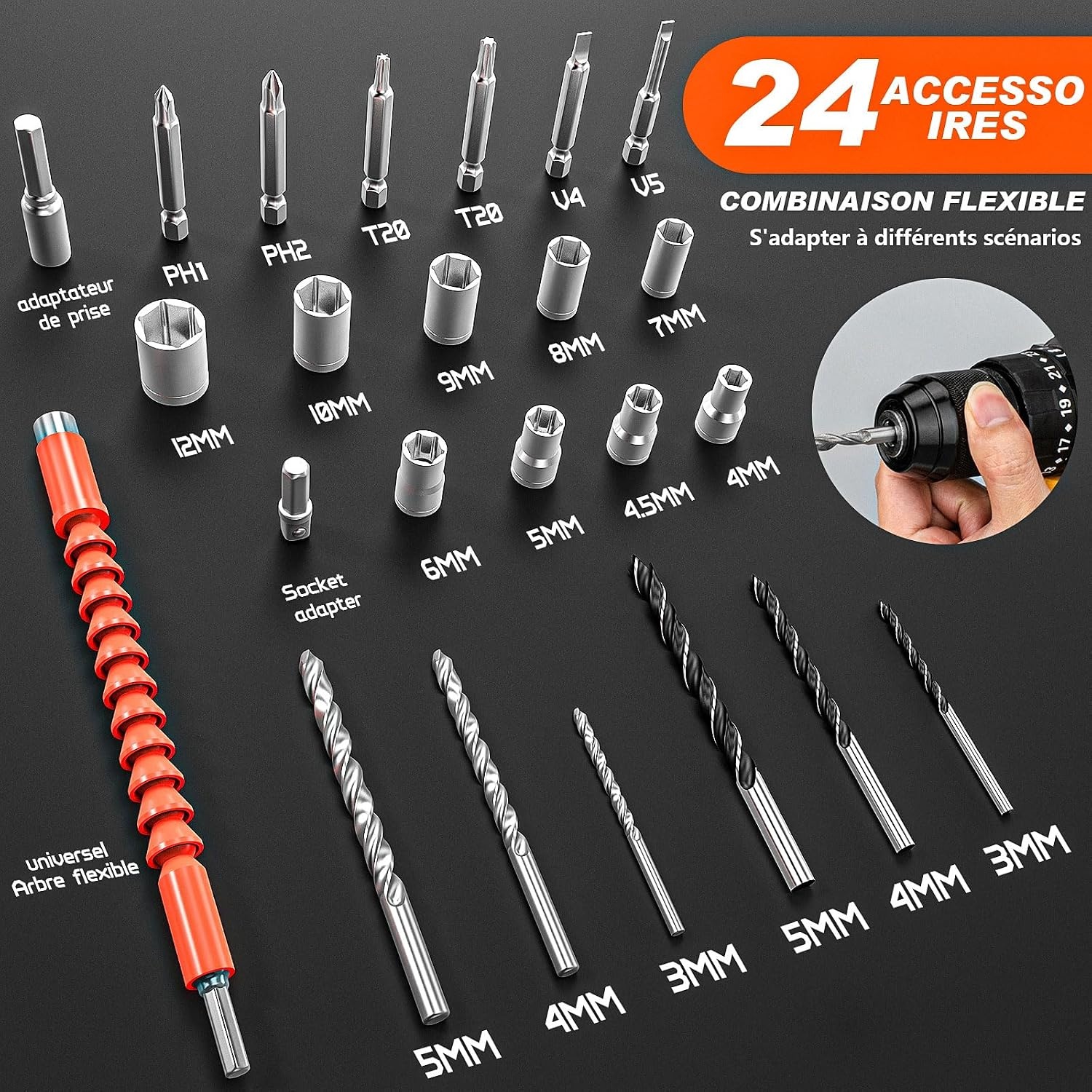 Perceuse visseuse à batterie 21 V, lot de 2 batteries de 2,0 Ah, Max 55 Nm, 23 + 3 réglages de couple, mandrin de 10 mm, 2 vitesses, lumière LED, 24 accessoires, pour réparation, bricolage