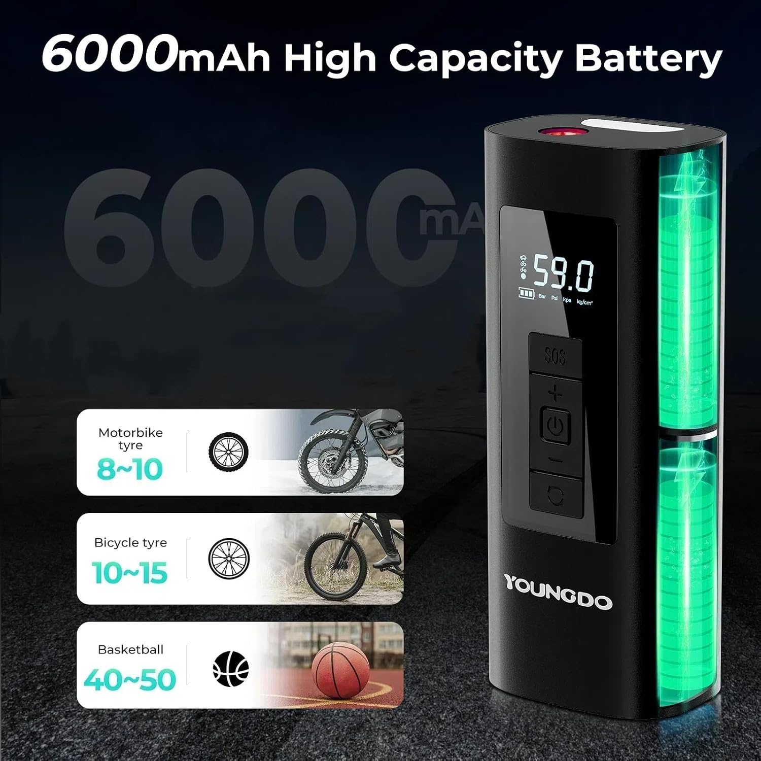 YOUNGDO Elektrische Fietspomp: 150 PSI, 6000 mAh, Snel Oppompen met Korting!