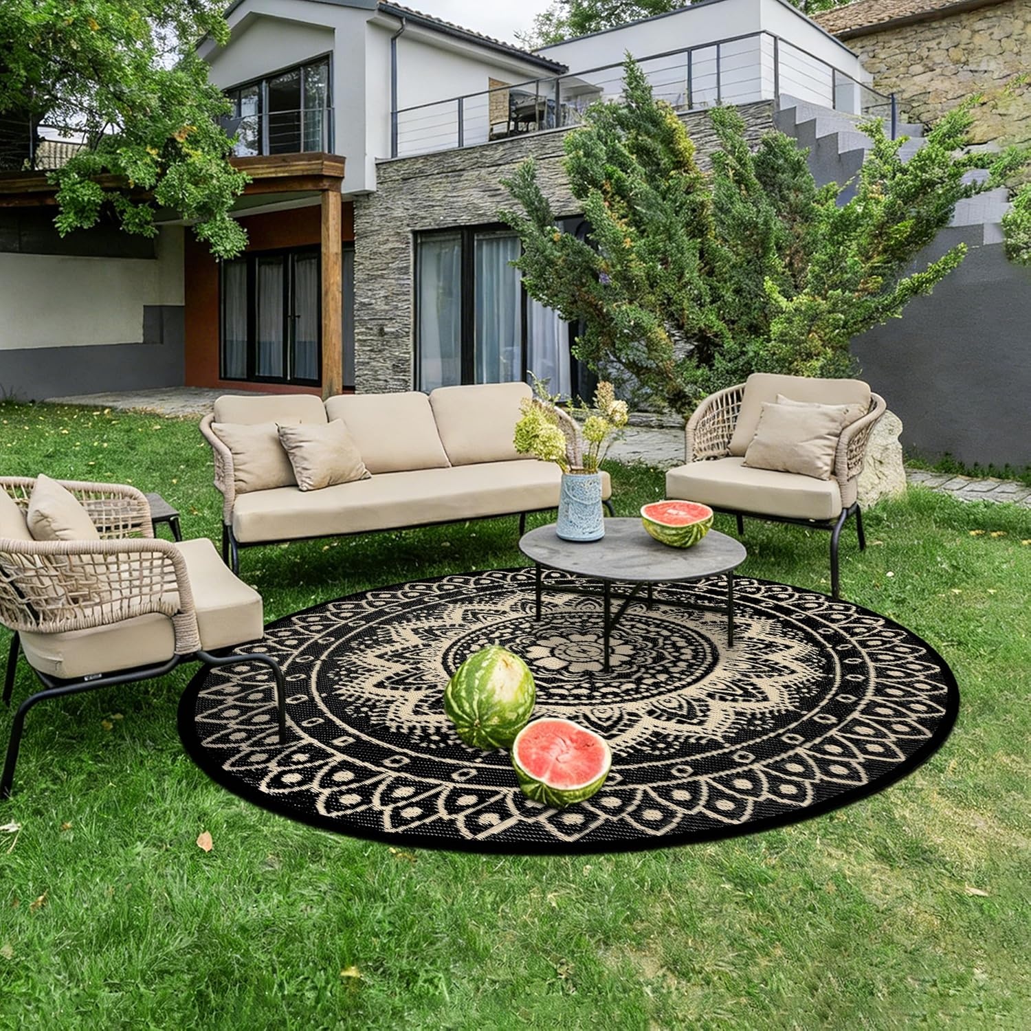 Ronde Buiten vloerkleed 180cm Zwart/Bruin - 33% Korting