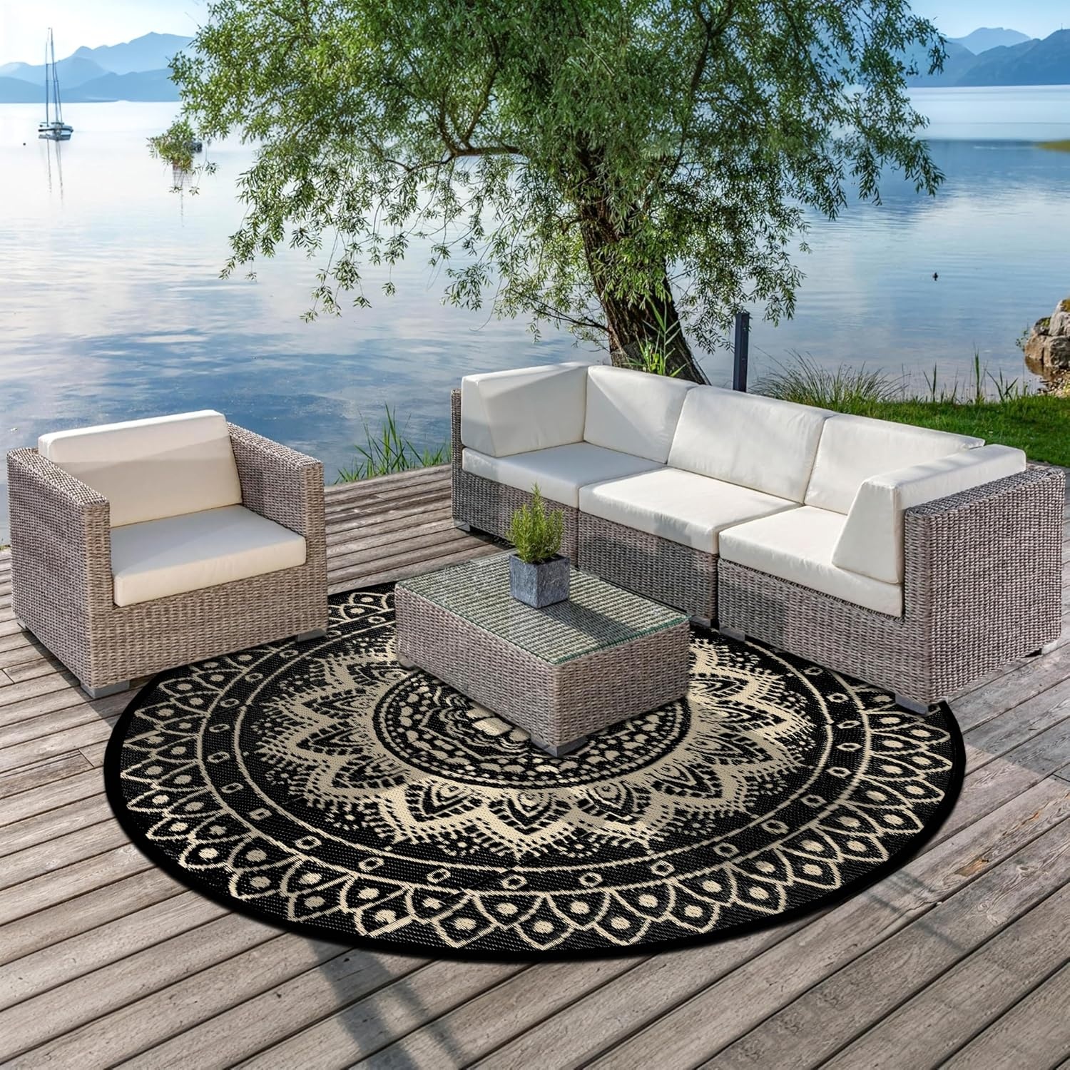 Ronde Buiten vloerkleed 180cm Zwart/Bruin - 33% Korting
