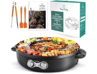 Food Party Hotpot Pan Koreaanse BBQ Grill Hot Pot Elektrisch 220V 2200W 2-in-1 Chinese Fondue binnengrill Elektrische rookloze barbecue Shabu Shabu pot voor 8 Personen
