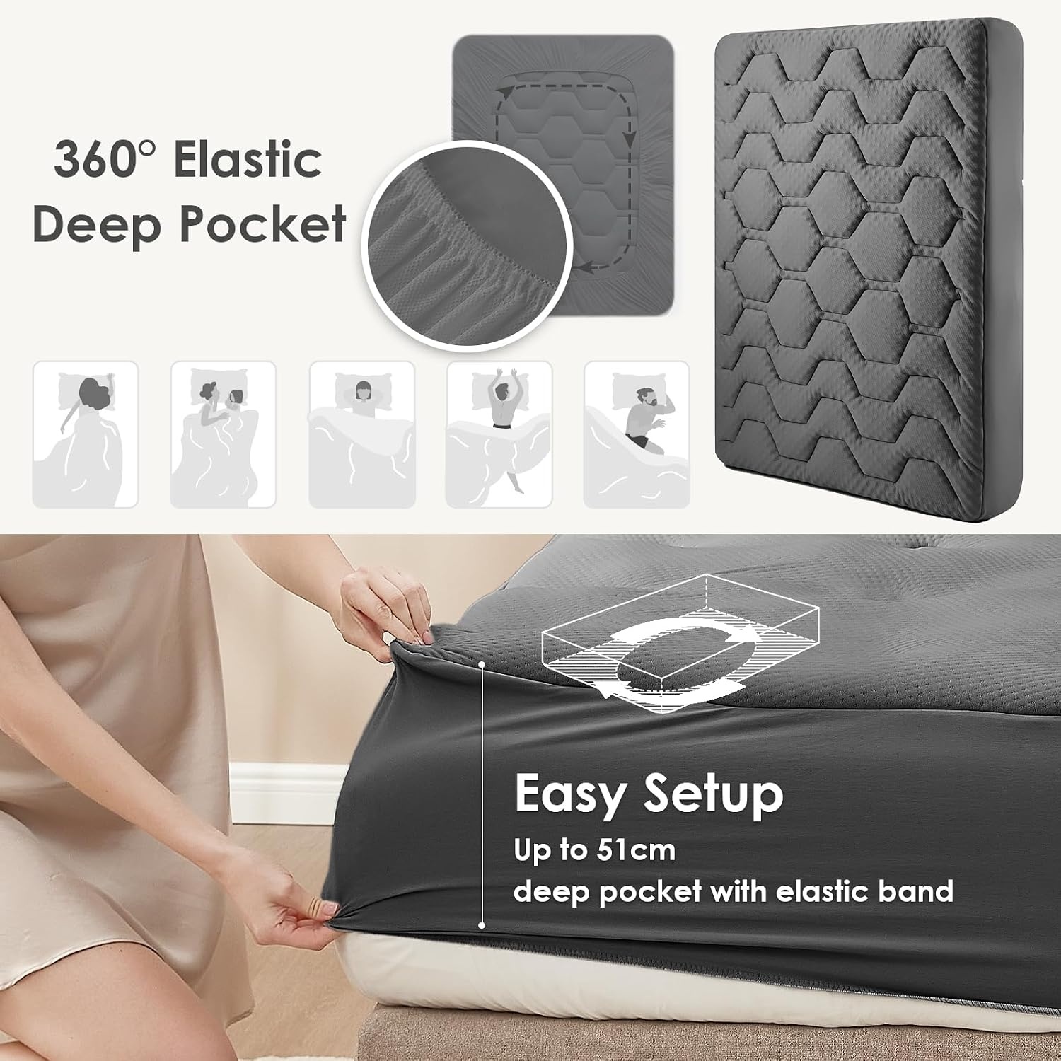 EHEYCIGA Gel Topper 140x190 cm, Mattress Topper 140x190 cm Memory Foam, Mattress Topper with extra deep cover, Dark grey