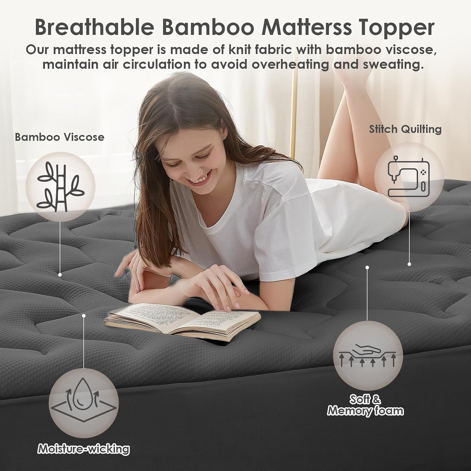 EHEYCIGA Gel Topper 140x190 cm, Mattress Topper 140x190 cm Memory Foam, Mattress Topper with extra deep cover, Dark grey