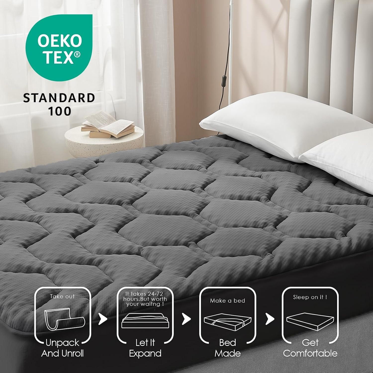EHEYCIGA Gel Topper 140x190 cm, Mattress Topper 140x190 cm Memory Foam, Mattress Topper with extra deep cover, Dark grey