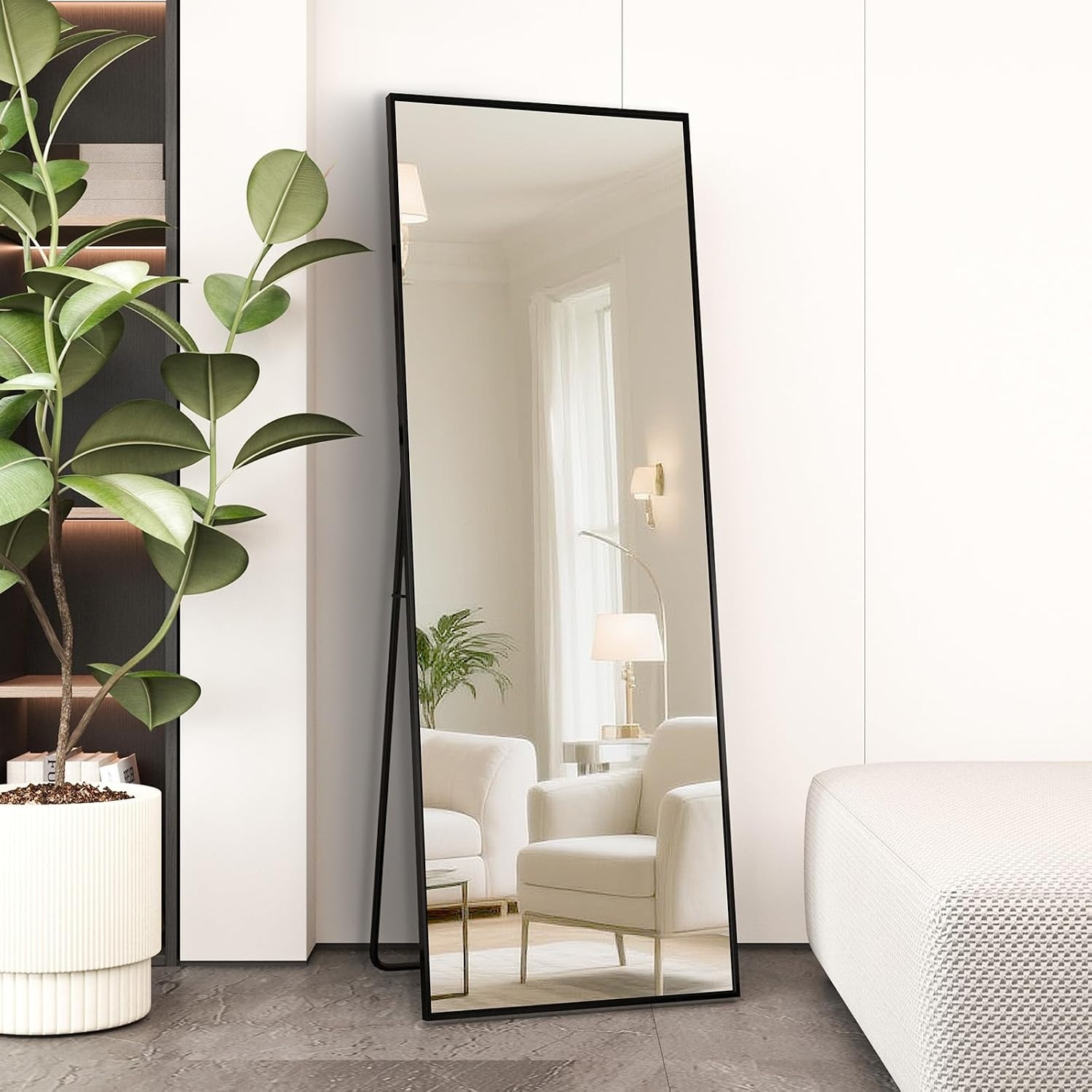 Full Length Mirror 140 x 50 cm with Black Metal Frame Standing Mirror HD Large Wall Mirror with Hook for Living Room, Bedroom and Dressing Room Mirror