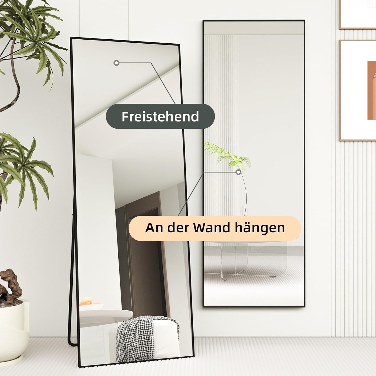 Full Length Mirror 140 x 50 cm with Black Metal Frame Standing Mirror HD Large Wall Mirror with Hook for Living Room, Bedroom and Dressing Room Mirror