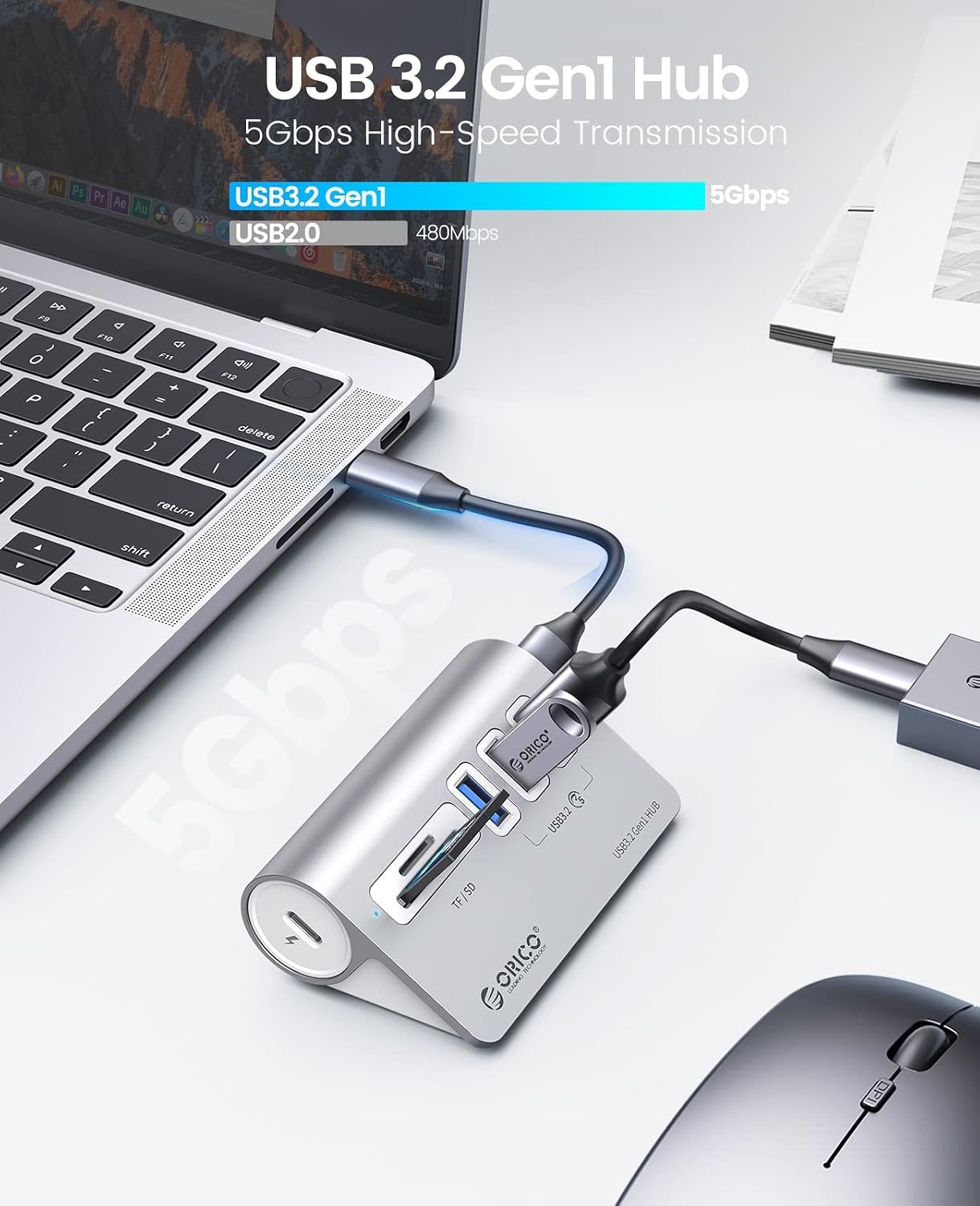 ORICO USB C Hub, USB 3.2 Gen 1 Hub with TF/SD Card Reader, 3 USB-A Ports, 5Gbps USB Distributor, 0.5m USB C Cable, USB Splitter with Type C Power Port 5V/2A for iMac, MacBook, MacBook Pro