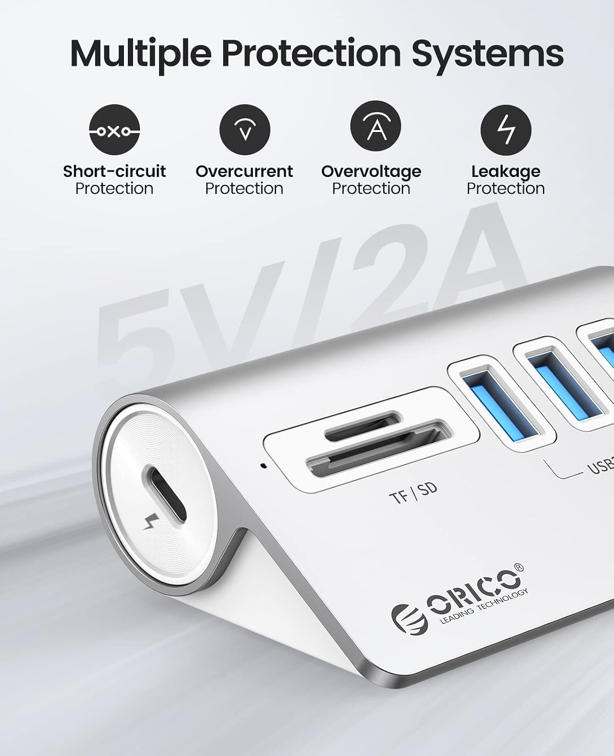 ORICO USB C Hub, USB 3.2 Gen 1 Hub with TF/SD Card Reader, 3 USB-A Ports, 5Gbps USB Distributor, 0.5m USB C Cable, USB Splitter with Type C Power Port 5V/2A for iMac, MacBook, MacBook Pro