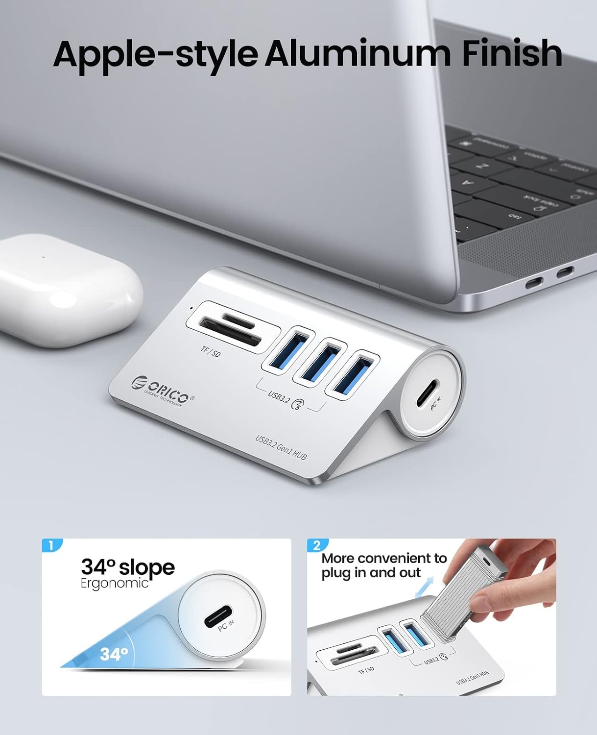 ORICO USB C Hub, USB 3.2 Gen 1 Hub with TF/SD Card Reader, 3 USB-A Ports, 5Gbps USB Distributor, 0.5m USB C Cable, USB Splitter with Type C Power Port 5V/2A for iMac, MacBook, MacBook Pro