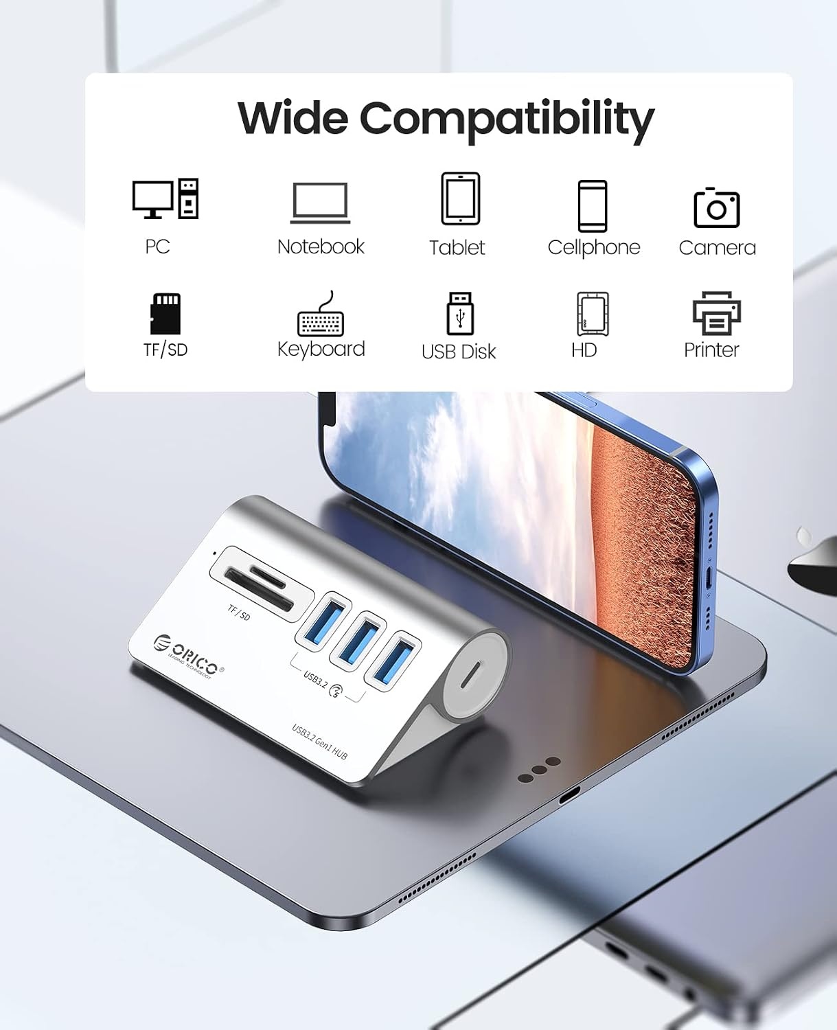 ORICO USB C Hub, USB 3.2 Gen 1 Hub with TF/SD Card Reader, 3 USB-A Ports, 5Gbps USB Distributor, 0.5m USB C Cable, USB Splitter with Type C Power Port 5V/2A for iMac, MacBook, MacBook Pro