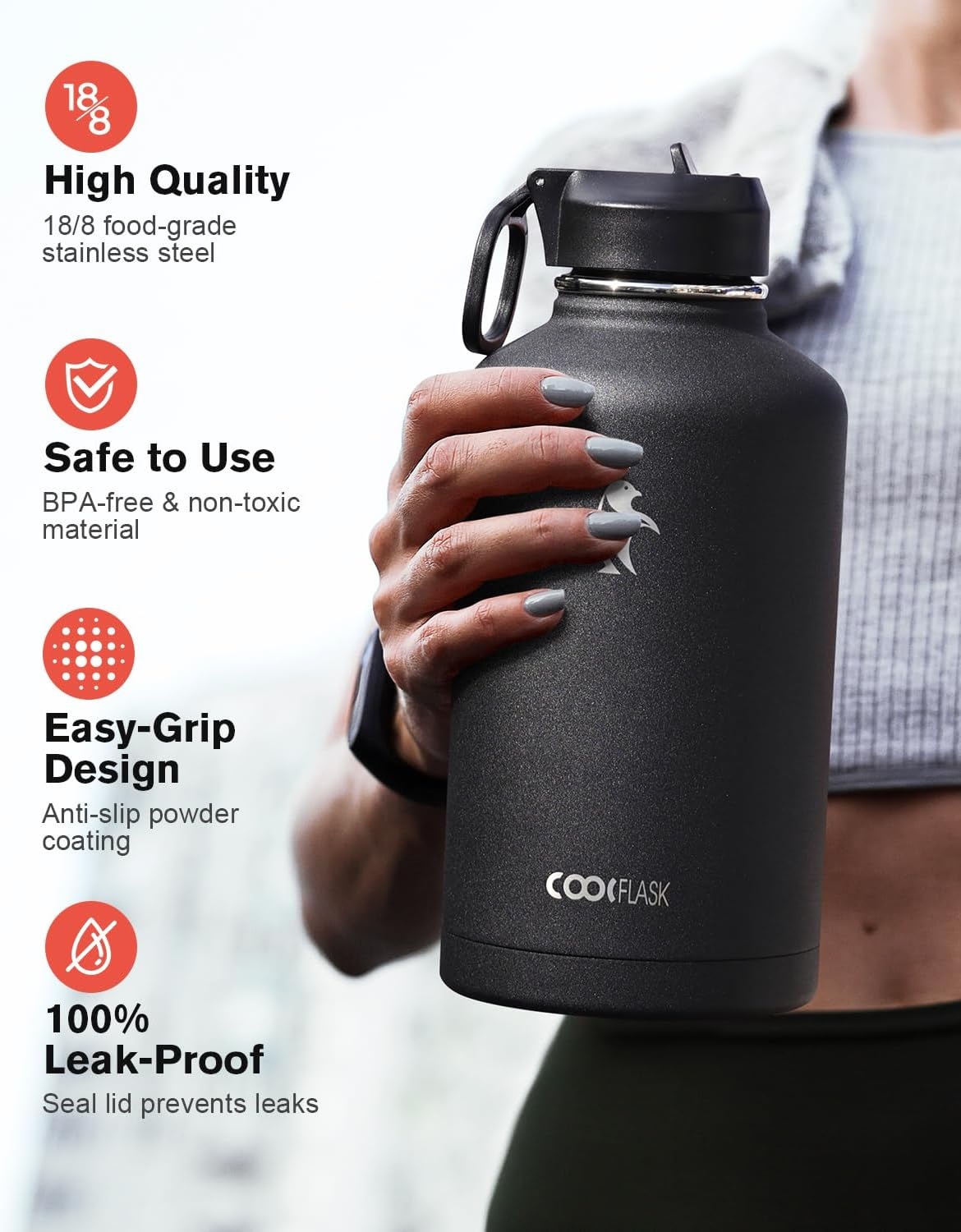 Coolflask Geïsoleerde Waterfles 2 Liter - RVS Drinkfles - Zwart