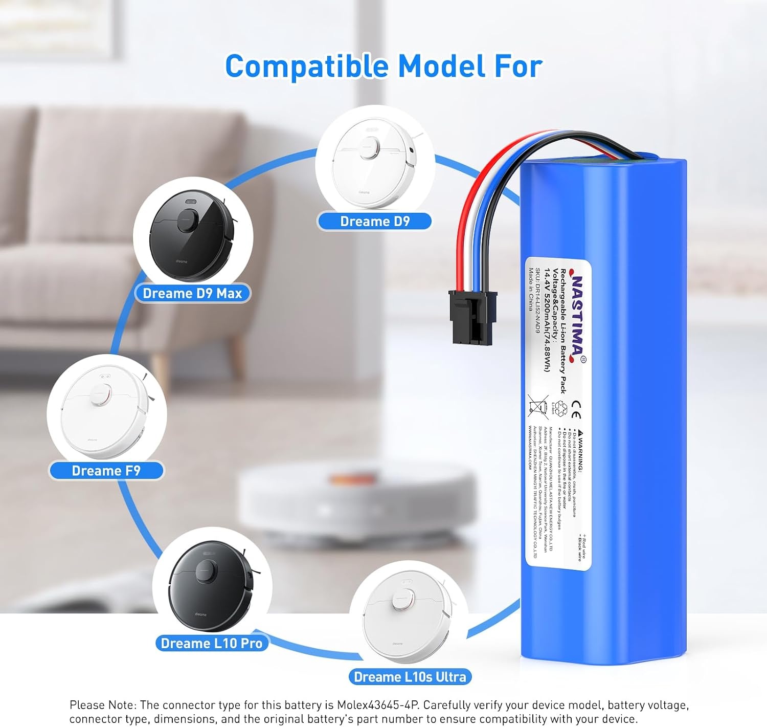 NASTIMA 14.4V 5200mAh Replacement Battery for Dreame D9 F9 L10, Li-ion Battery Compatible with Dreame D9 Pro, D10s, D10 Plus, L10s Pro, L10s Ultra Series Vacuum Cleaners