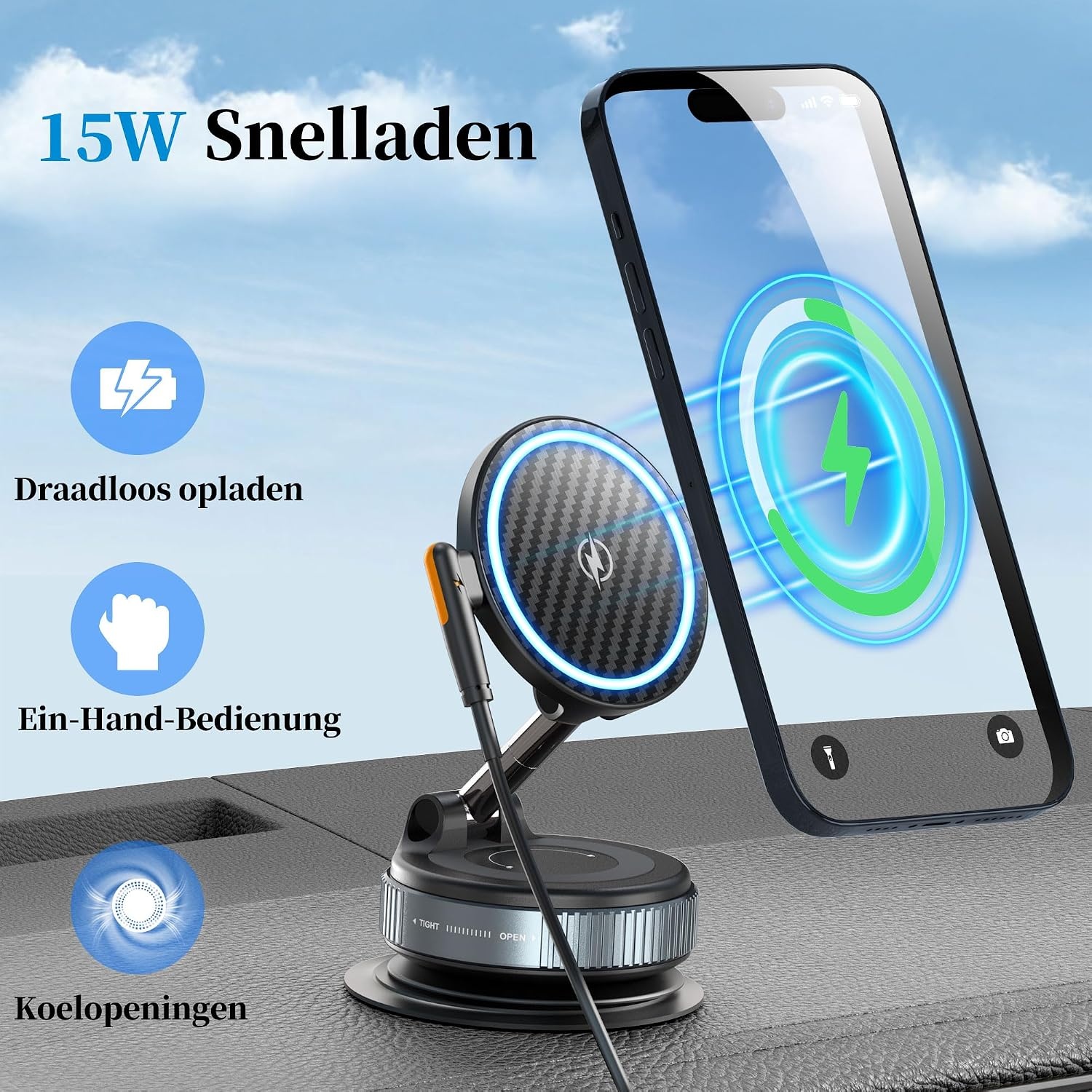PlusAcc Vacuüm mobiele telefoonhouder auto met oplaadfunctie - zuignap 360° draaibaar inklapbare magnetische telefoonhouder voor Magsafe iPhone 17/16/15/14/13/ Samsung S20-S25 aan voorruit/dashboard