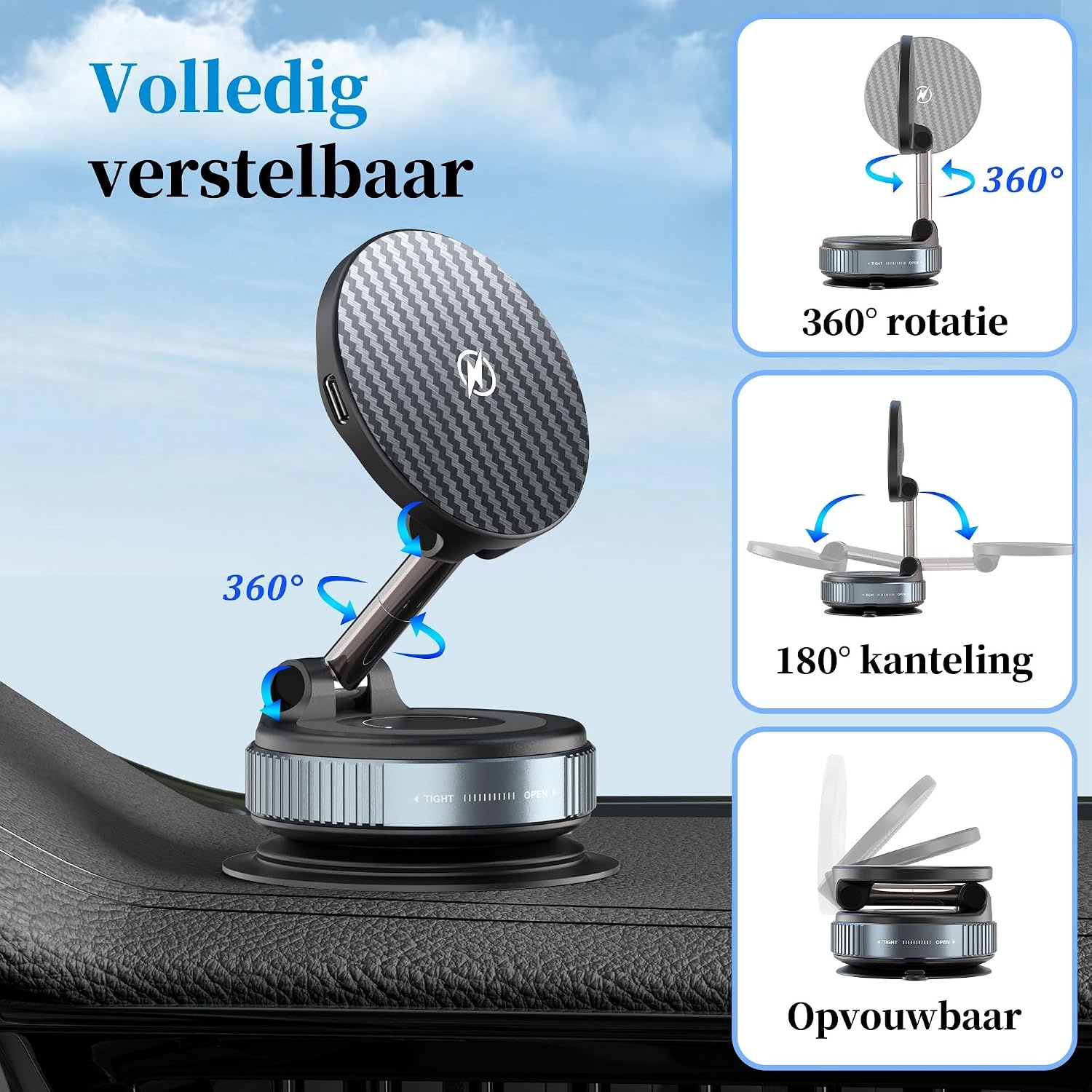 PlusAcc Vacuüm mobiele telefoonhouder auto met oplaadfunctie - zuignap 360° draaibaar inklapbare magnetische telefoonhouder voor Magsafe iPhone 17/16/15/14/13/ Samsung S20-S25 aan voorruit/dashboard