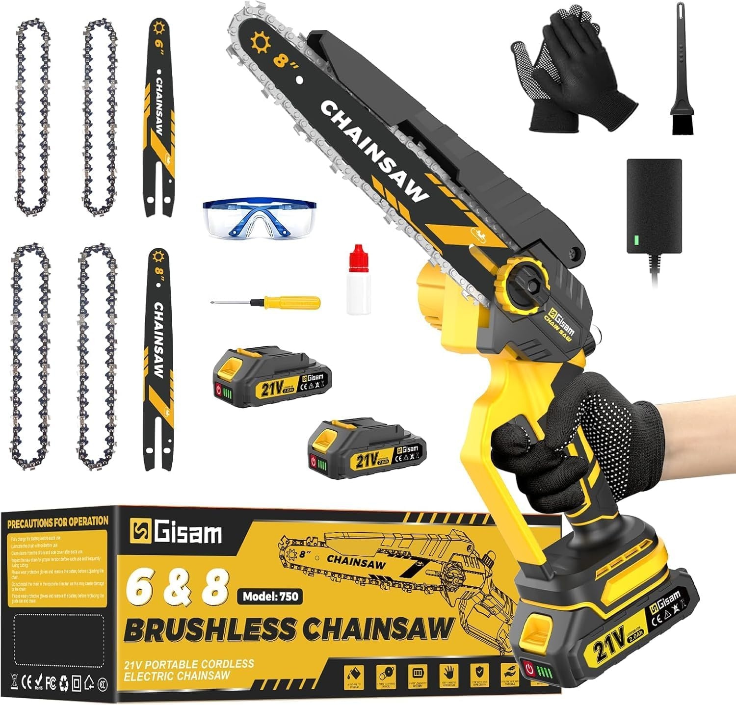 Mini Chainsaw with 1000W Brushless Motor, 8" & 6" Chainsaw, Automatic Oil Supply & Toolless Chain Tension and 2*2000mAh for Branching & Woodcarving