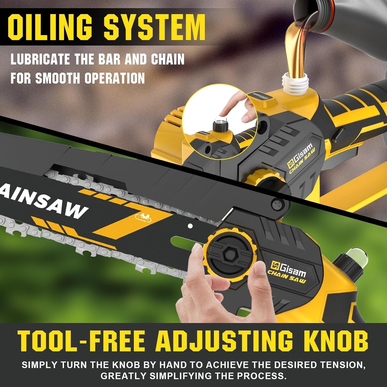 Mini Chainsaw with 1000W Brushless Motor, 8" & 6" Chainsaw, Automatic Oil Supply & Toolless Chain Tension and 2*2000mAh for Branching & Woodcarving