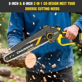 Mini Chainsaw with 1000W Brushless Motor, 8" & 6" Chainsaw, Automatic Oil Supply & Toolless Chain Tension and 2*2000mAh for Branching & Woodcarving