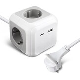 EXTRASTAR Cube Stekkerdoos, 1,5 m, met platte stekker, voor binnen, platte stekkerdoos met 4 AC-uitgangen, 1 USB en 1 type C, voor familie, keuken en kantoor, grijs + wit