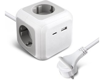 EXTRASTAR Cube Stekkerdoos, 1,5 m, met platte stekker, voor binnen, platte stekkerdoos met 4 AC-uitgangen, 1 USB en 1 type C, voor familie, keuken en kantoor, grijs + wit