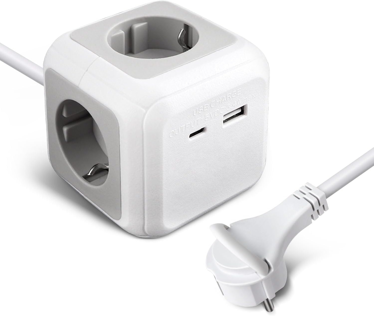 EXTRASTAR Cube Stekkerdoos, 1,5 m, met platte stekker, voor binnen, platte stekkerdoos met 4 AC-uitgangen, 1 USB en 1 type C, voor familie, keuken en kantoor, grijs + wit