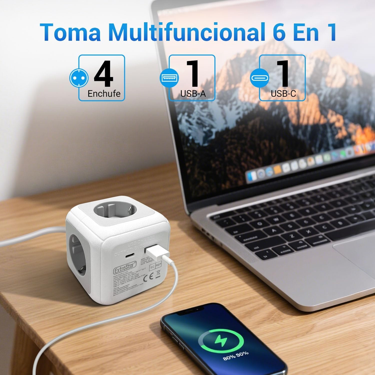 EXTRASTAR Cube Stekkerdoos, 1,5 m, met platte stekker, voor binnen, platte stekkerdoos met 4 AC-uitgangen, 1 USB en 1 type C, voor familie, keuken en kantoor, grijs + wit