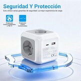 EXTRASTAR Cube Stekkerdoos, 1,5 m, met platte stekker, voor binnen, platte stekkerdoos met 4 AC-uitgangen, 1 USB en 1 type C, voor familie, keuken en kantoor, grijs + wit