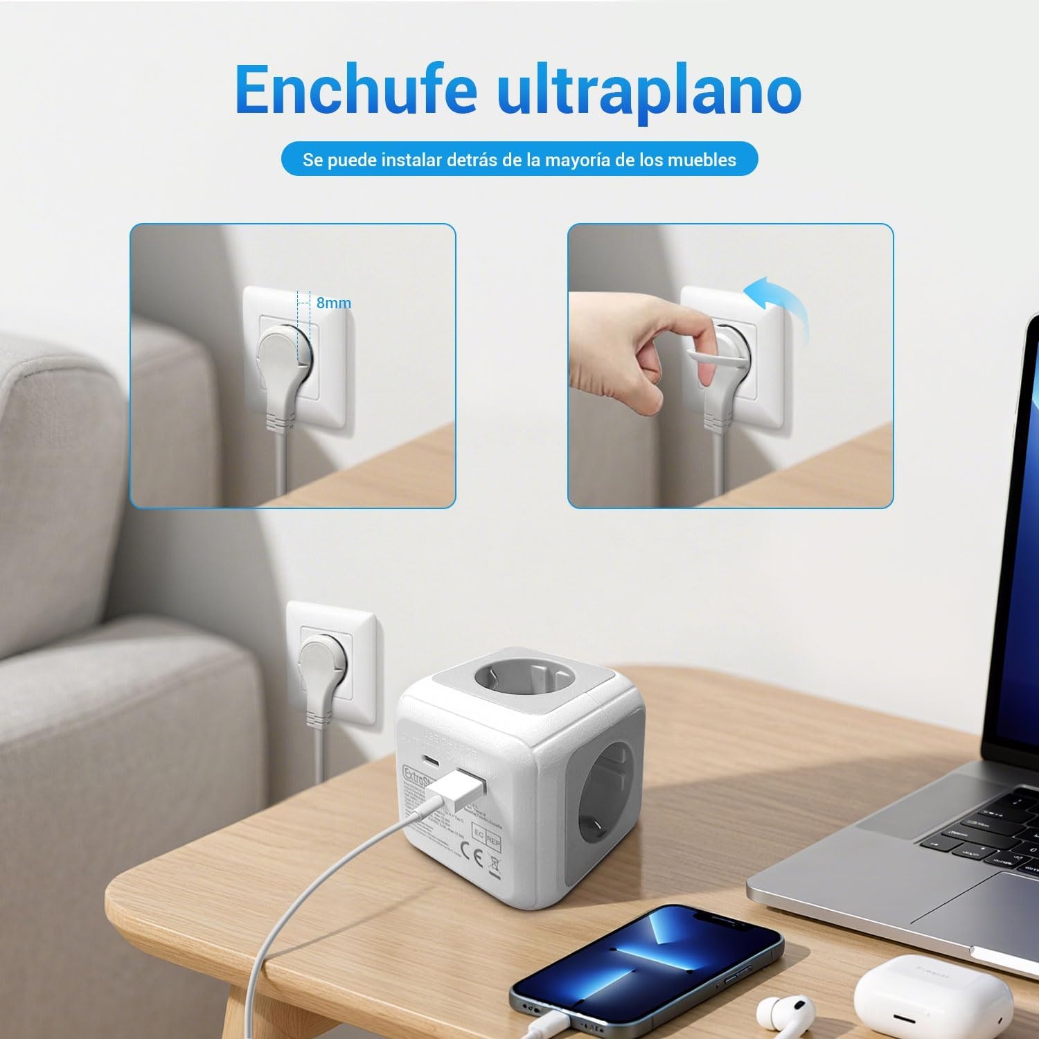 EXTRASTAR Cube Stekkerdoos, 1,5 m, met platte stekker, voor binnen, platte stekkerdoos met 4 AC-uitgangen, 1 USB en 1 type C, voor familie, keuken en kantoor, grijs + wit