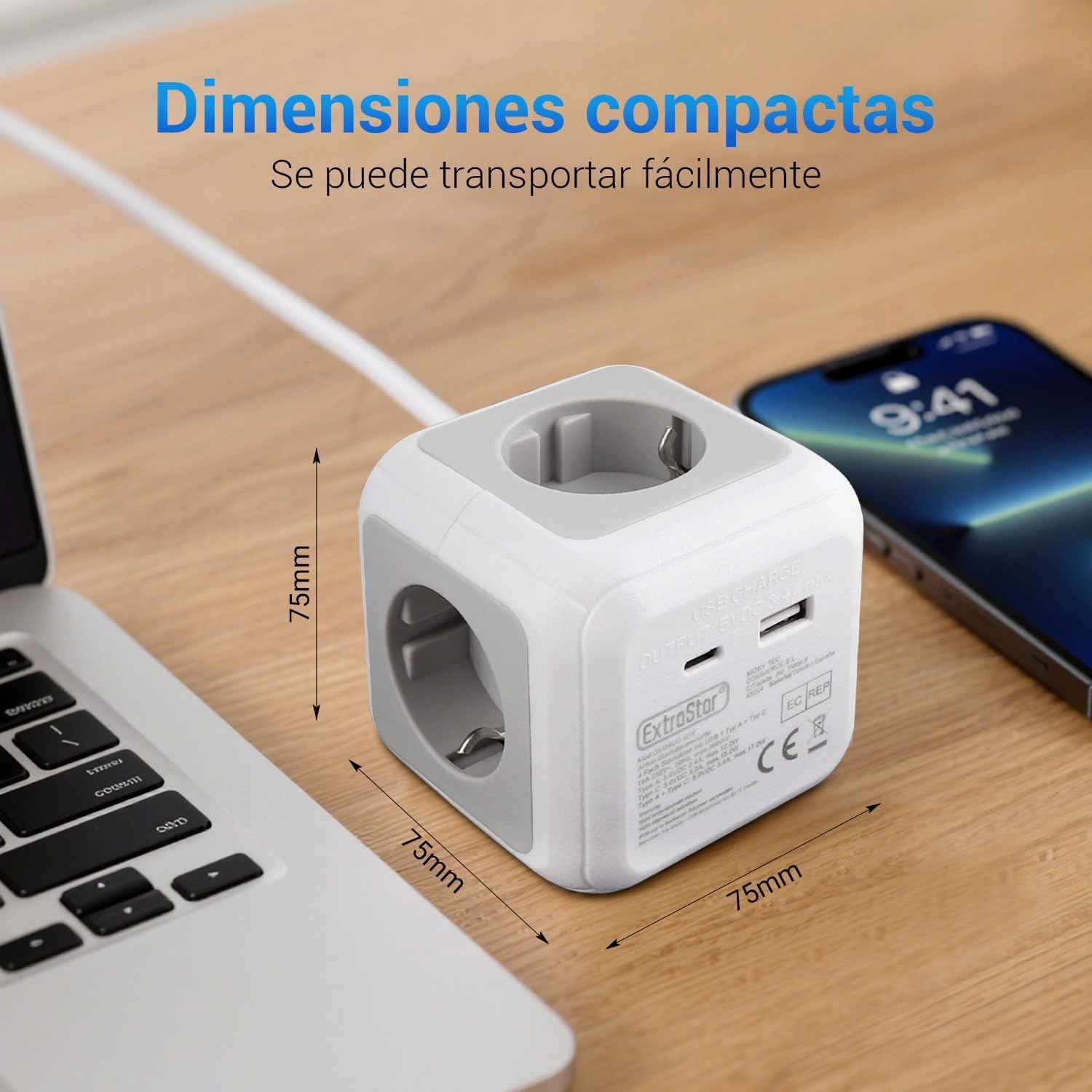 EXTRASTAR Cube Stekkerdoos, 1,5 m, met platte stekker, voor binnen, platte stekkerdoos met 4 AC-uitgangen, 1 USB en 1 type C, voor familie, keuken en kantoor, grijs + wit
