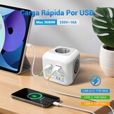 EXTRASTAR Cube Stekkerdoos, 1,5 m, met platte stekker, voor binnen, platte stekkerdoos met 4 AC-uitgangen, 1 USB en 1 type C, voor familie, keuken en kantoor, grijs + wit