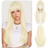 Synthetische pruik blond 60 cm, glad met pony, hittebestendig - 58% korting!