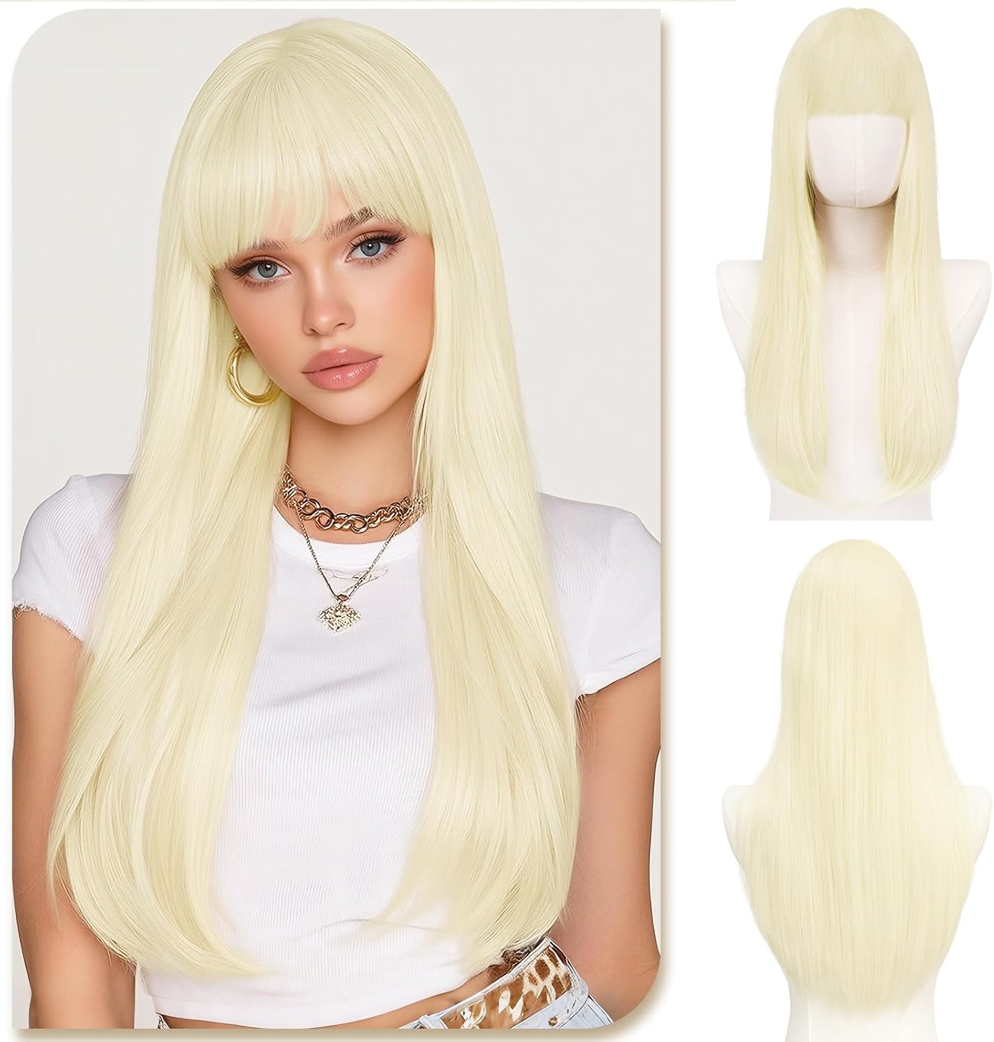 Synthetische pruik blond 60 cm, glad met pony, hittebestendig - 58% korting!