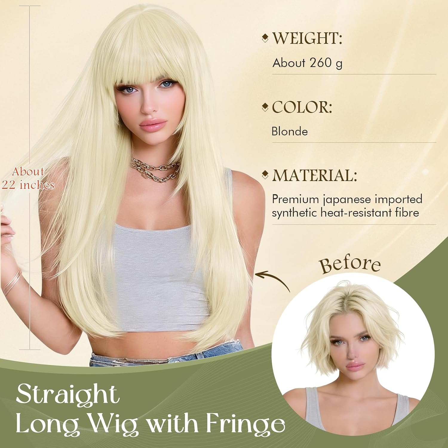 Synthetische pruik blond 60 cm, glad met pony, hittebestendig - 58% korting!