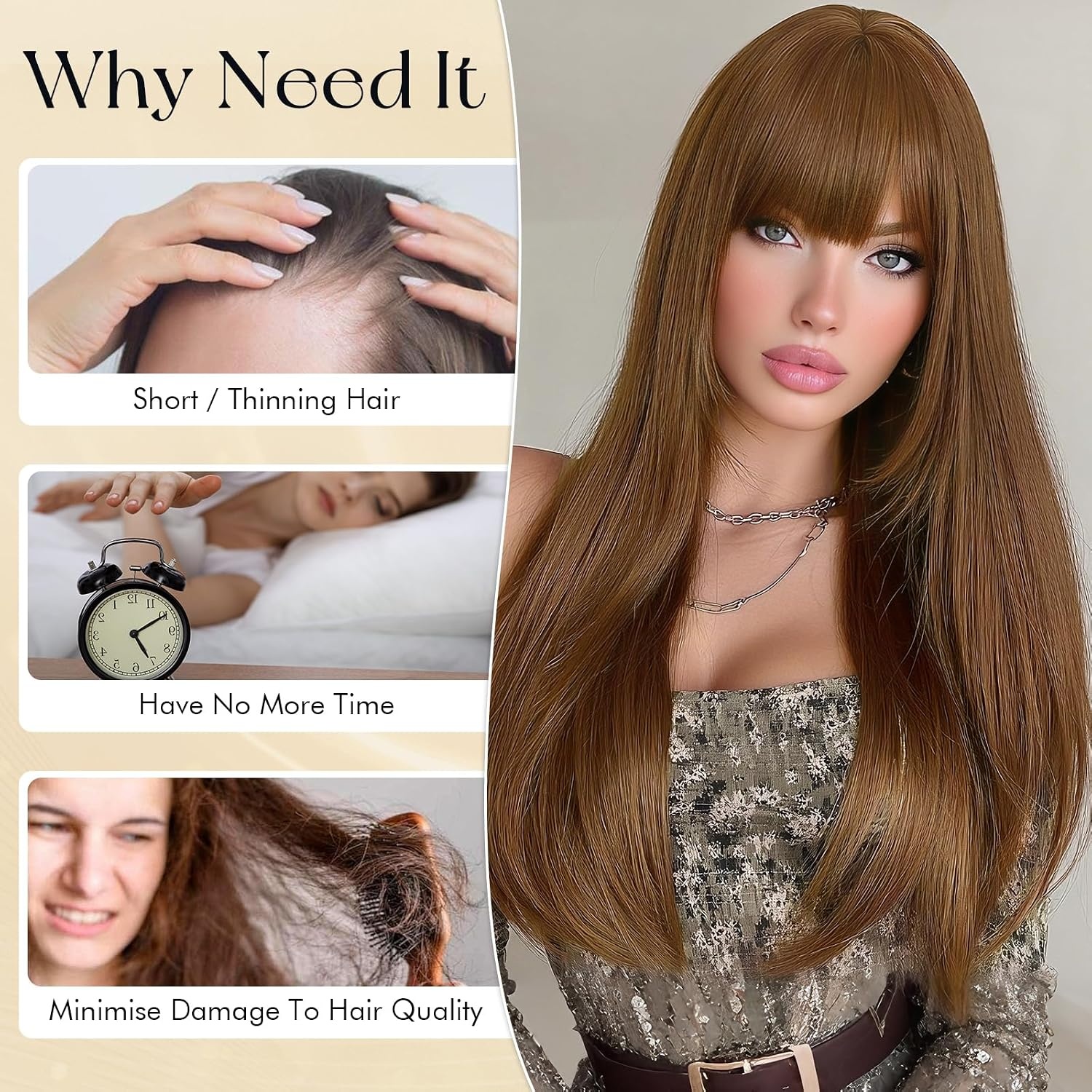 Synthetische pruik blond 60 cm, glad met pony, hittebestendig - 58% korting!