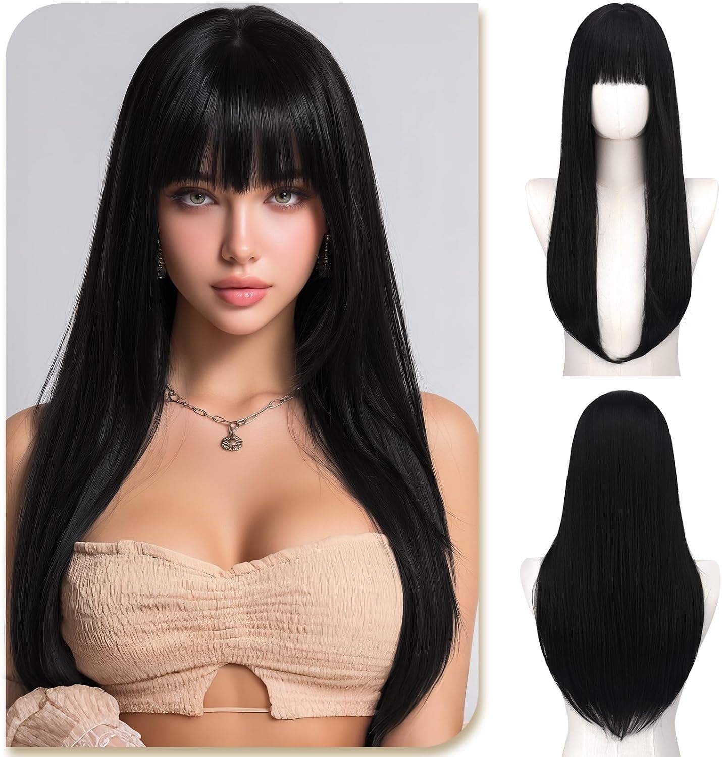 Synthetische pruik blond 60 cm, glad met pony, hittebestendig - 58% korting!