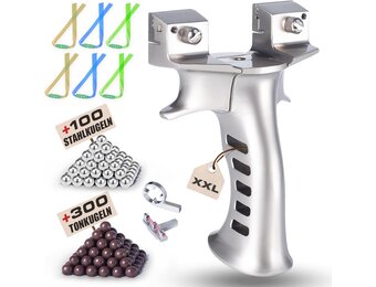 XXL Steinschleuder für Herren,Schwere Zwille für Erwachsene,Vollmetall Groß Schleuder,Outdoor Slingshot Set mit 6 Ersatzgummi+300 Tonkugeln+100 Stahlkugeln.