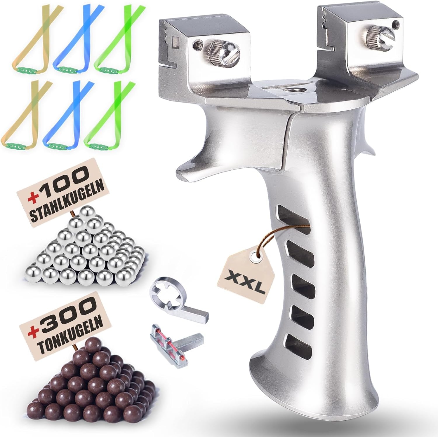 XXL Steinschleuder für Herren,Schwere Zwille für Erwachsene,Vollmetall Groß Schleuder,Outdoor Slingshot Set mit 6 Ersatzgummi+300 Tonkugeln+100 Stahlkugeln.