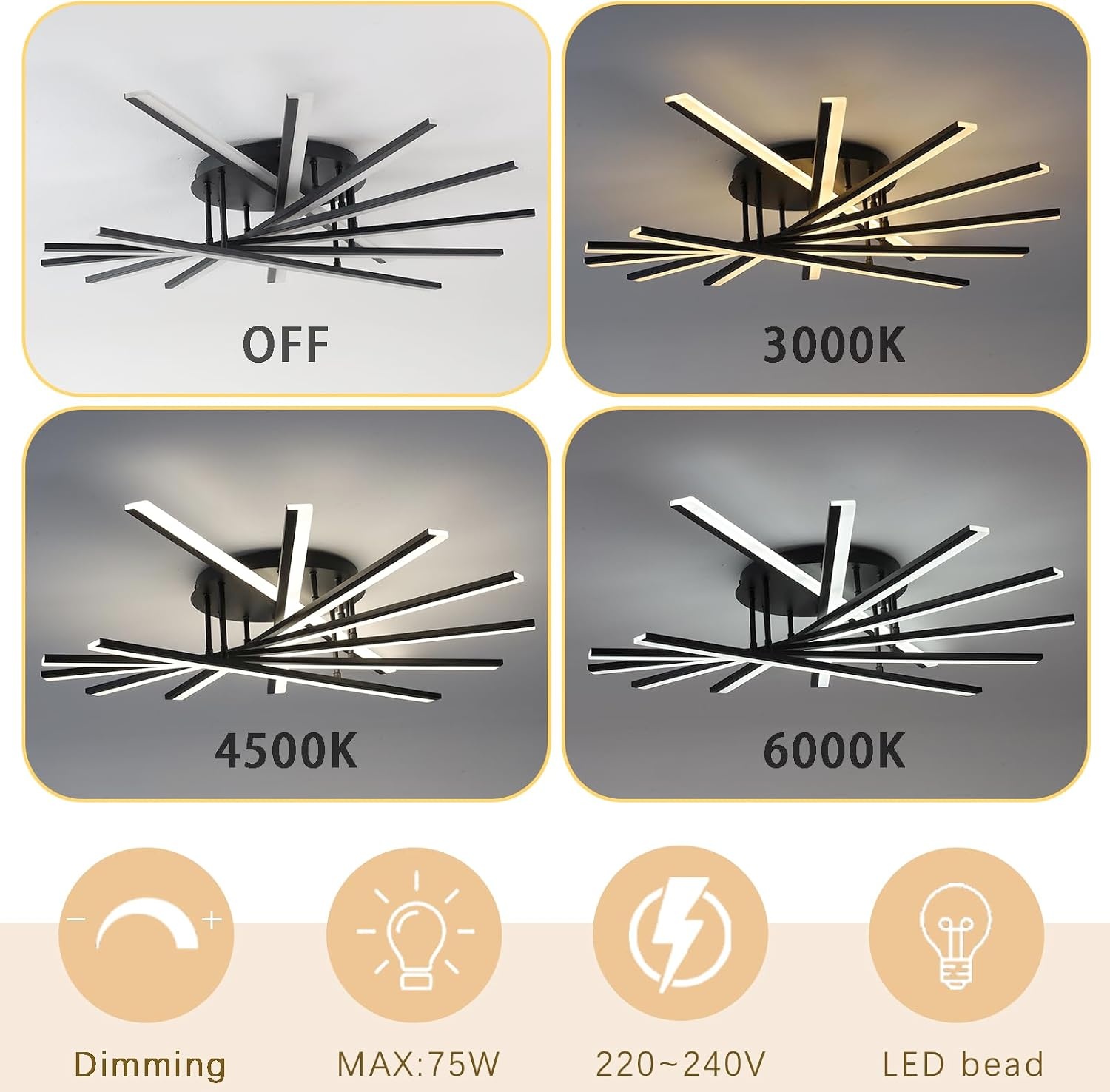 LED Ceiling Light Modern Dimmable Ceiling Lights Decorative Lighting Multi-Head Lamp with Remote Control Suitable for Living Room Bedroom Dining Room Kitchen Office Cafe 7 Bars Black
