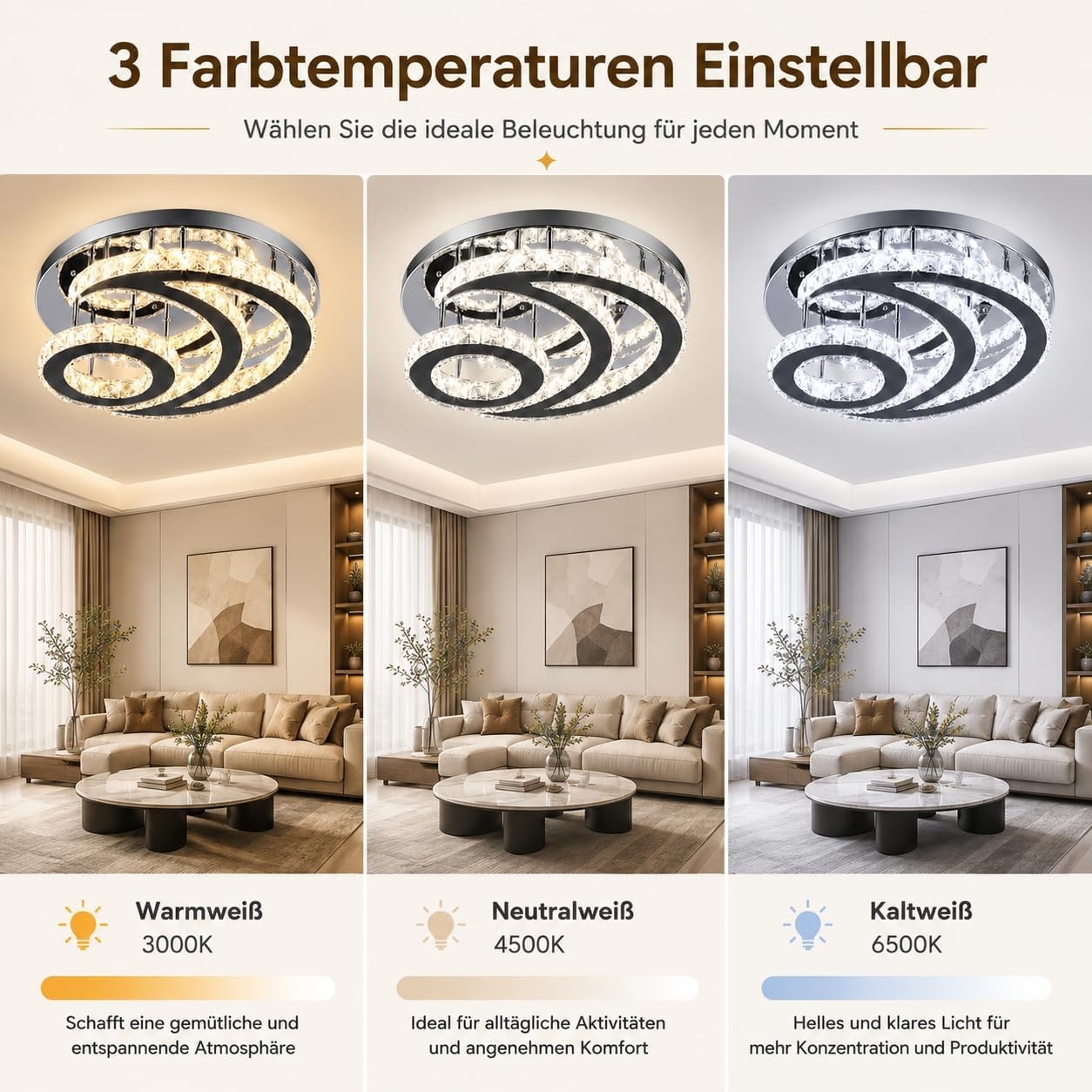 Moderne kroonluchter met kristallen led-plafondlamp, lichtkleur veranderbaar, maanvormig, rond, inbouw, hanglamp voor woonkamer, slaapkamer, keuken (meerkleurig)